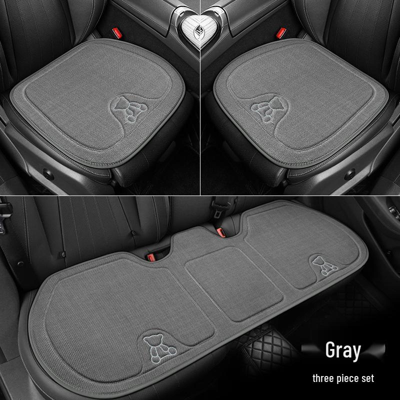 Four Seasons Universal Linen Car Seat Cushion - Cartoon Bear, Breathable, Half-Wrap Rear Seat Cover