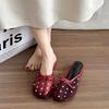 Fashion Thick Heeled Bow Rhinestone Design Mesh Breathable Half Slippers Women's Outdoor 2025 Summer Korean Version Lightweight Sandals