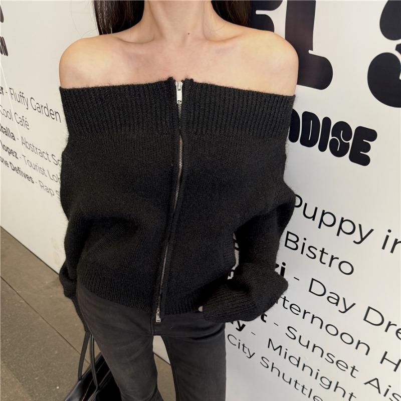 New Off-shoulder Elegant Long Sleeve Zipper Sweater Fashion Simple Autumn Women Cardigan Loose Knitwear Top Casual Sexy Slim Casual Knitted Clothes