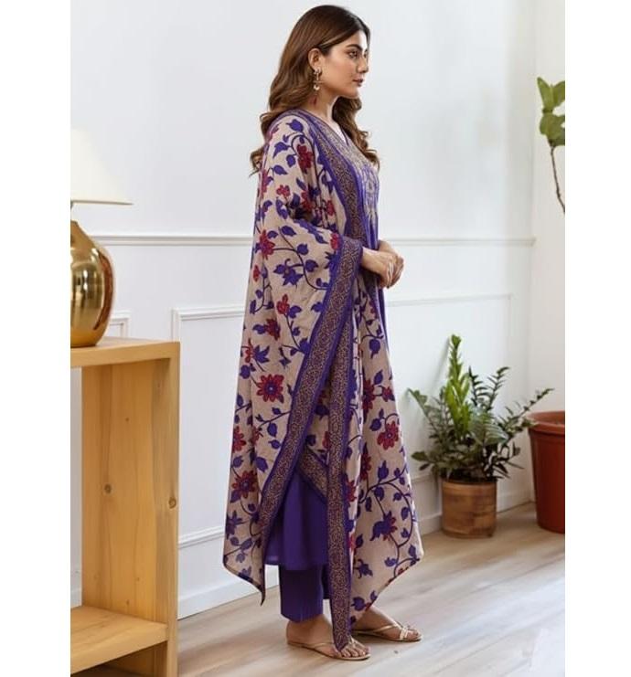 Women Bollywood Embroidery Straight Kurta and Pant Set with Dupatta Set