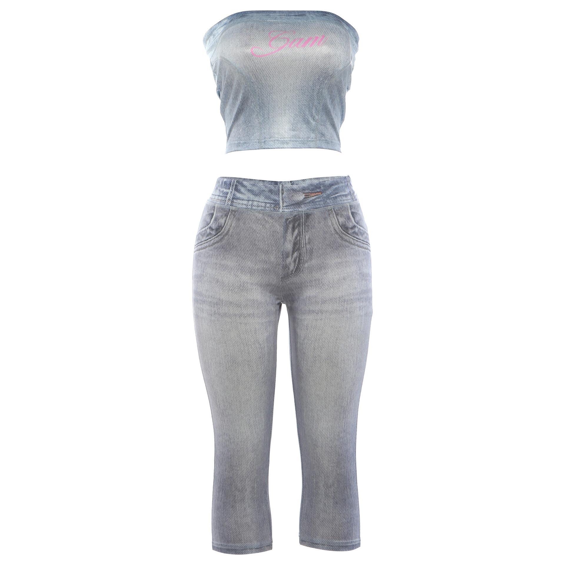 European and American style 2026 summer new creative street trend embroidered tube top waist top open button pants set S