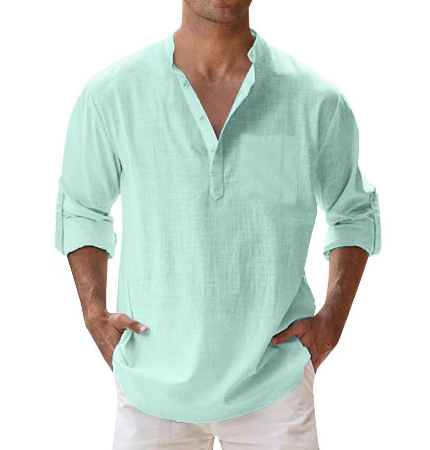 

Чоловіча літня повсякденна бавовняна сорочка вільного крою зі стійкою, однотонна, з довгим рукавом, доступна у великих розмірах 3XL зелений/смарагдовий
