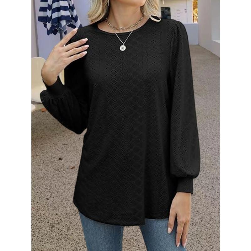 

women s Hollow Out Textured Puff Long Sleeve Crew Neck T-Shirt Casual Loose Fit Blouse Top S чёрный