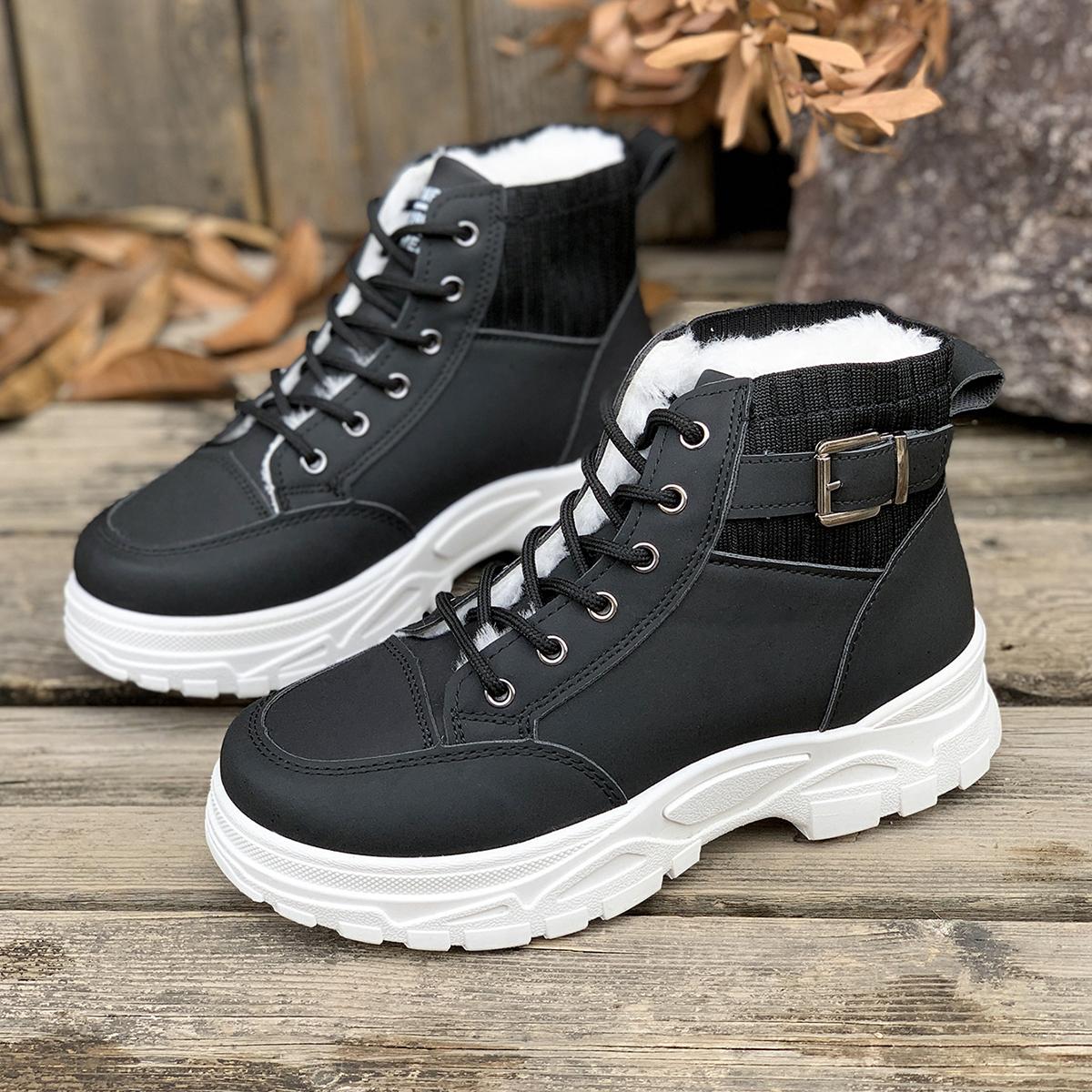 

Women Warm Boots Mid Heels Shoes Winter Students Flat Boots Walking Pure Color Lace-up Boots Shoes Casual Sports Shoes 35