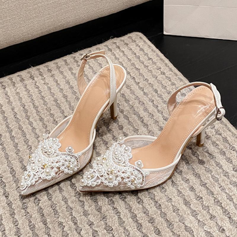 Summer Fashion White Pearl Designer Sandals Women Pumps Hollow Out Mesh Pointed Toe Mules High Heels Wedding Prom Shoes