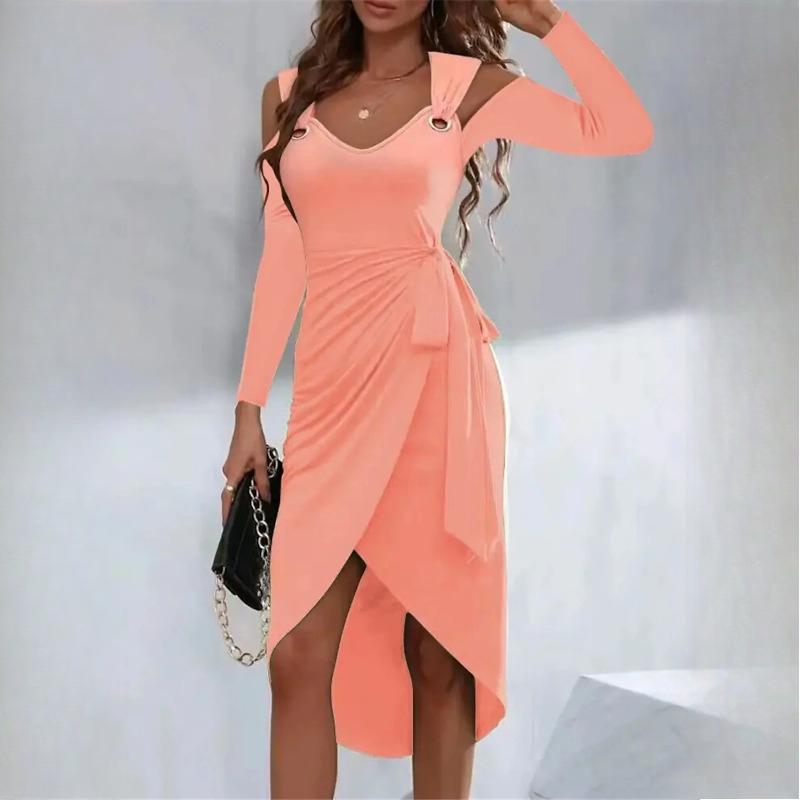 

Осенне-зимнее женское однотонное платье с металлической пряжкой и V-образным вырезом XXL оранжевый