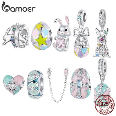 Bamoer 925 Silver Rabbit Pendant Easter Egg Dangle Charm Fits Bracelets and Necklace Bead Charms Jewelry Gift for Women