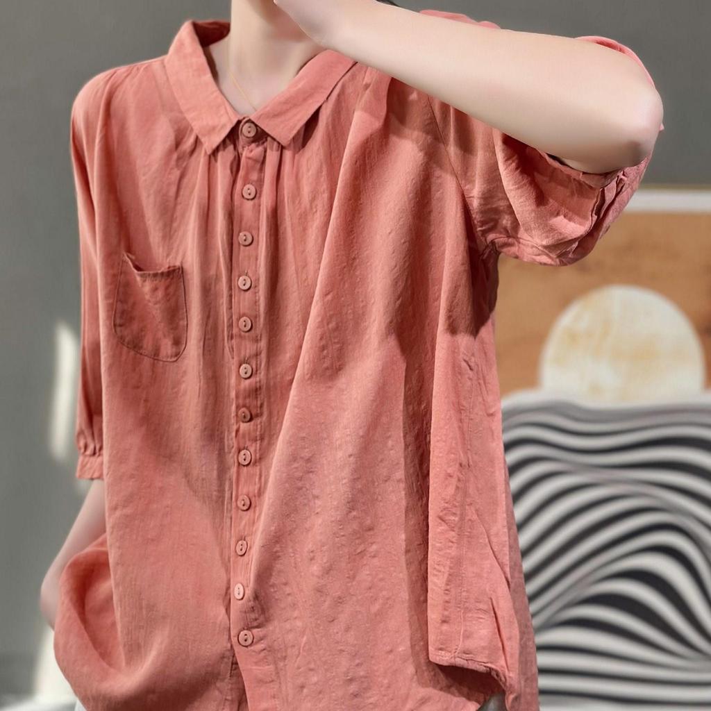 Solid Color Five Quarter Sleeved Shirt for Women's Summer Vintage Artistic Single Breasted Fashionable Loose Top