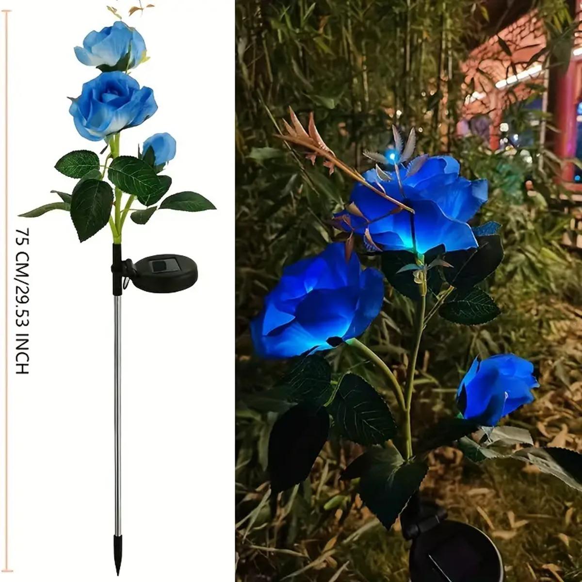 

1 шт. наружные водонепроницаемые солнечные розовые светильники с 3 реалистичными светящимися головками цветов, садовая декоративная лампа для украшения домашнего патио синий