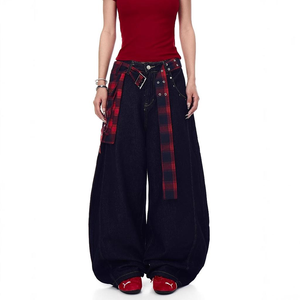 JYL Men's Plaid Waist Jeans Vintage Bootcut Loose Trendy Jazz Wide-Leg Denim