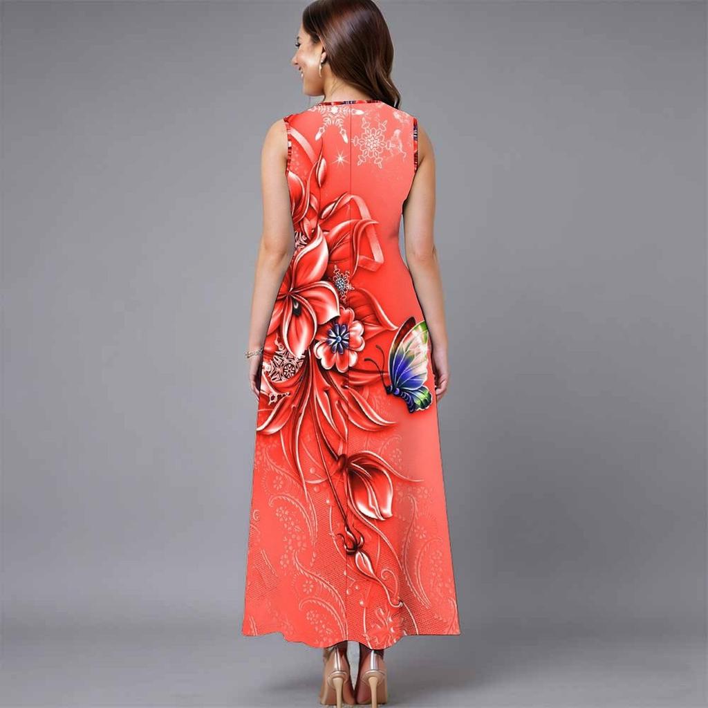 Women Oversized Sleeveless Round Neck Dress Stunning Tropical Bouquet Flowy Mid Length Dress