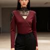 Spring Autumn Women's Stand Collar Lace Patchwork Beading Hollow Out T-Shirt Elegant Full Sleeve Tees Slim Ladies Tops