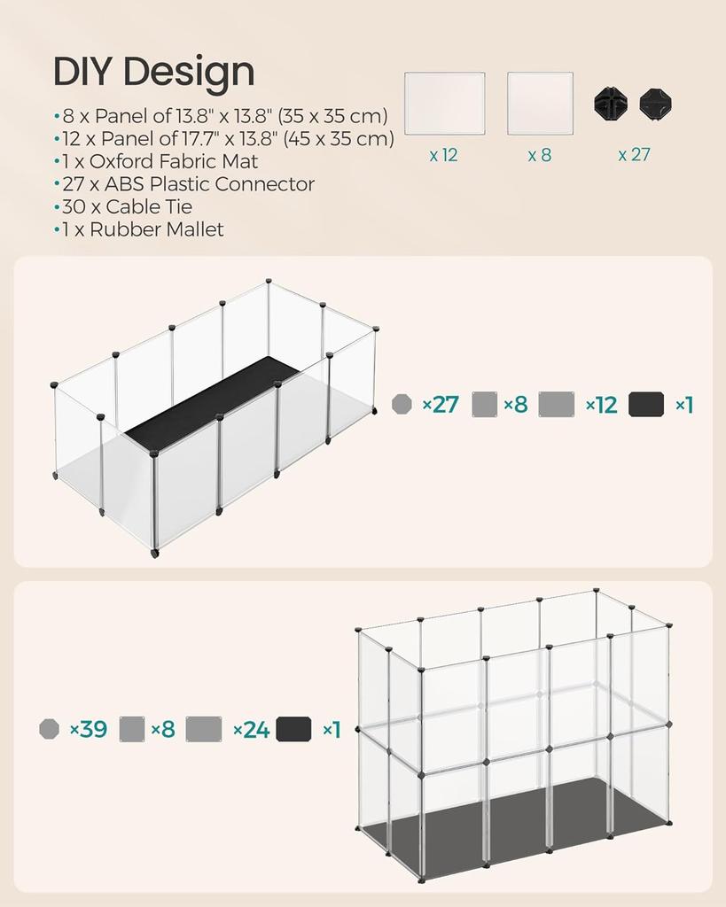 SONGMICS Pet Playpen with Floor, Removable Oxford Fabric Mat, Small Animal Enclosure, DIY Plastic Cage, Indoor Run for Hamsters, Rabbits, Hedgehogs