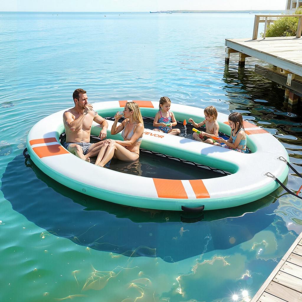 Aufblasbarer schwimmender Steg, 3,05 x 2,44 m runde aufblasbare Stegplattform, rutschfeste Wasser-Luftmatte mit tragbarer Tasche und abnehmbarer Leiter, Schwimmkörper