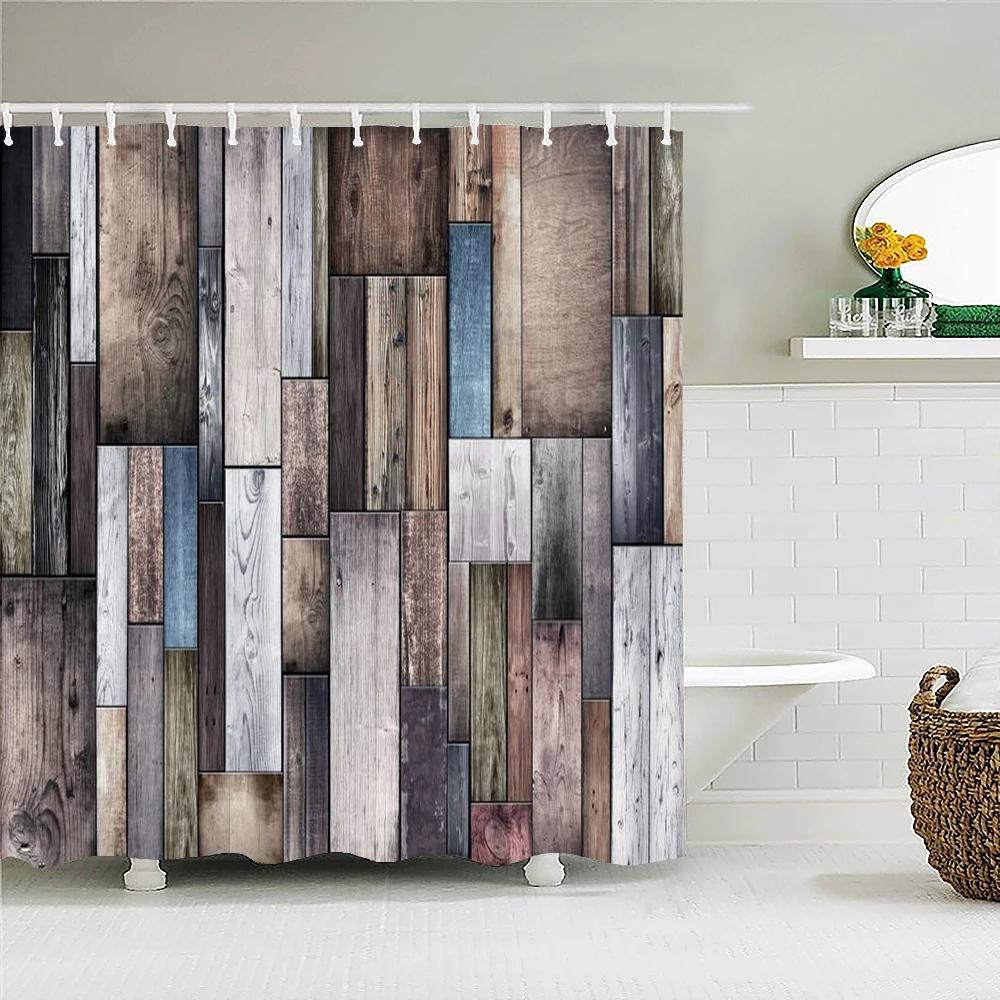 Wall Hanging Bath Screens Geometric Shower Curtain Bathroom Waterproof Retro Old Wood Grain Decor Multi-size Shower Curtains