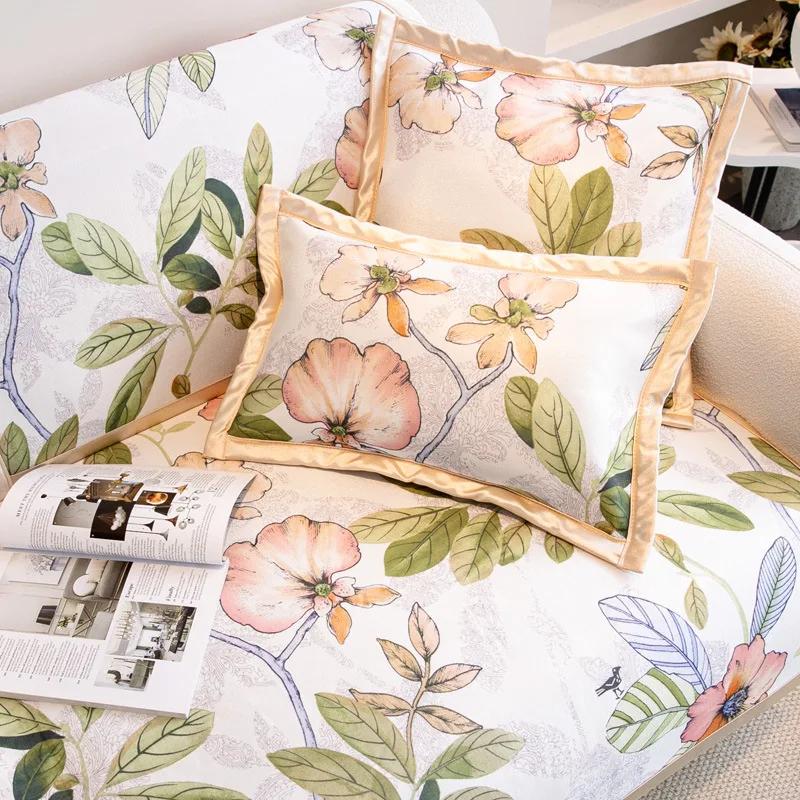 Non-Slip Cool Sofa Cover Ice Silk Sofa Cushion American Style Printed Summer Cooling Living Room Sofa Cover Machine Washable