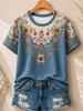 Women's Simple and Versatile Casual Short-Sleeve Floral Print Round-Neck Elegant T-Shirt Stylish Loose-Fitting Women's Top