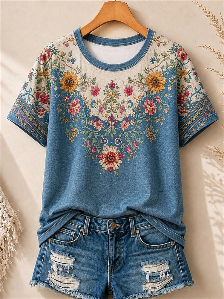 Women's Simple and Versatile Casual Short-Sleeve Floral Print Round-Neck Elegant T-Shirt Stylish Loose-Fitting Women's Top