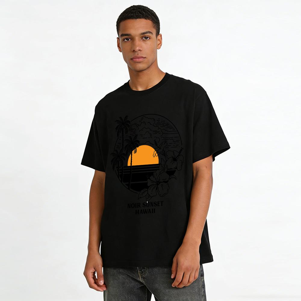 Noir Sunset Hawaii Coconut Tree Sunset Print Casual T-Shirt Pure cotton T-shirt