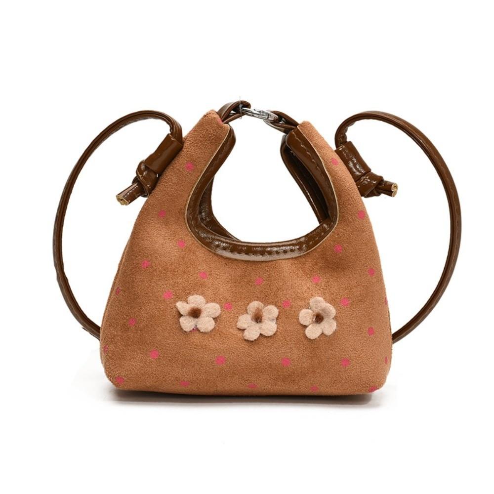 Cartoon Suede Crossbody Handbag Polka Dot Print Flower Shoulder Bag  Commuting коричневый