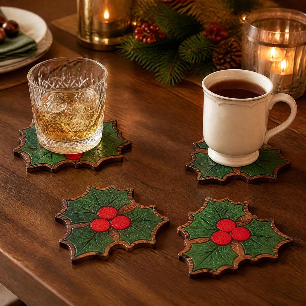 Christmas Holly Leaf Wooden Set of 4 for Holiday Dining Table Decorations