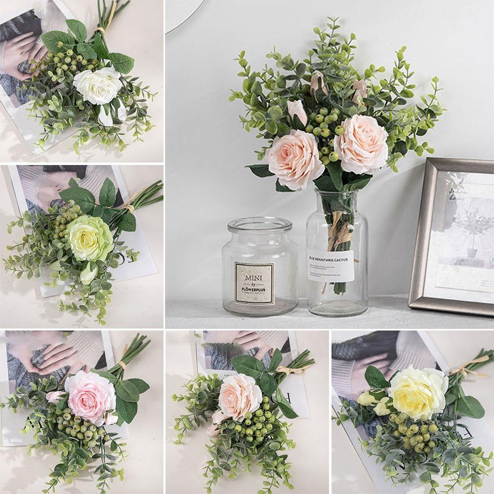 

Green Fruits Artificial Eucalyptus Rose Bouquet Silk Petals Bridal Bouquets Party Supplies білий