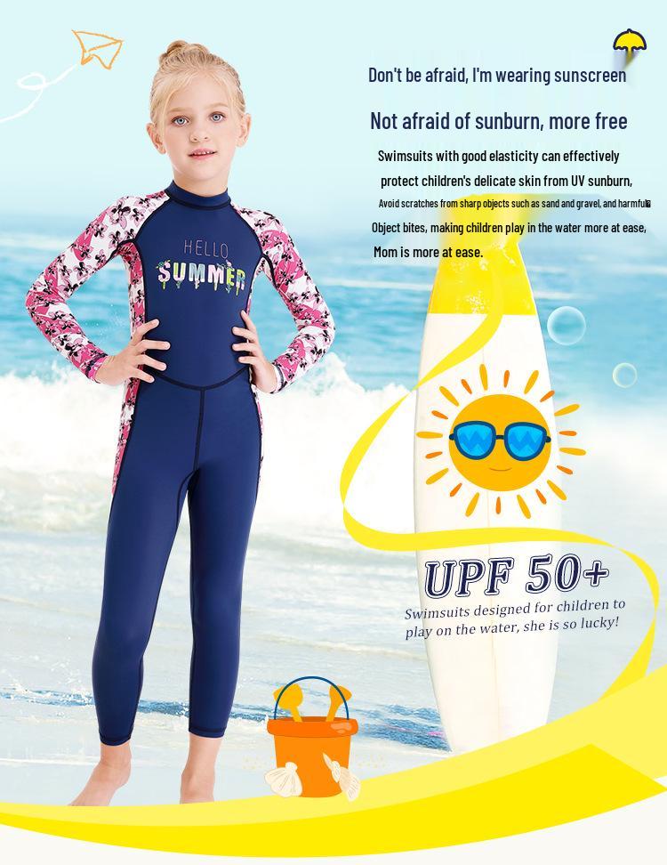 Children's Long Sleeve One-Piece Swimsuit - Girls' Quick-Drying Sunscreen Diving Suit