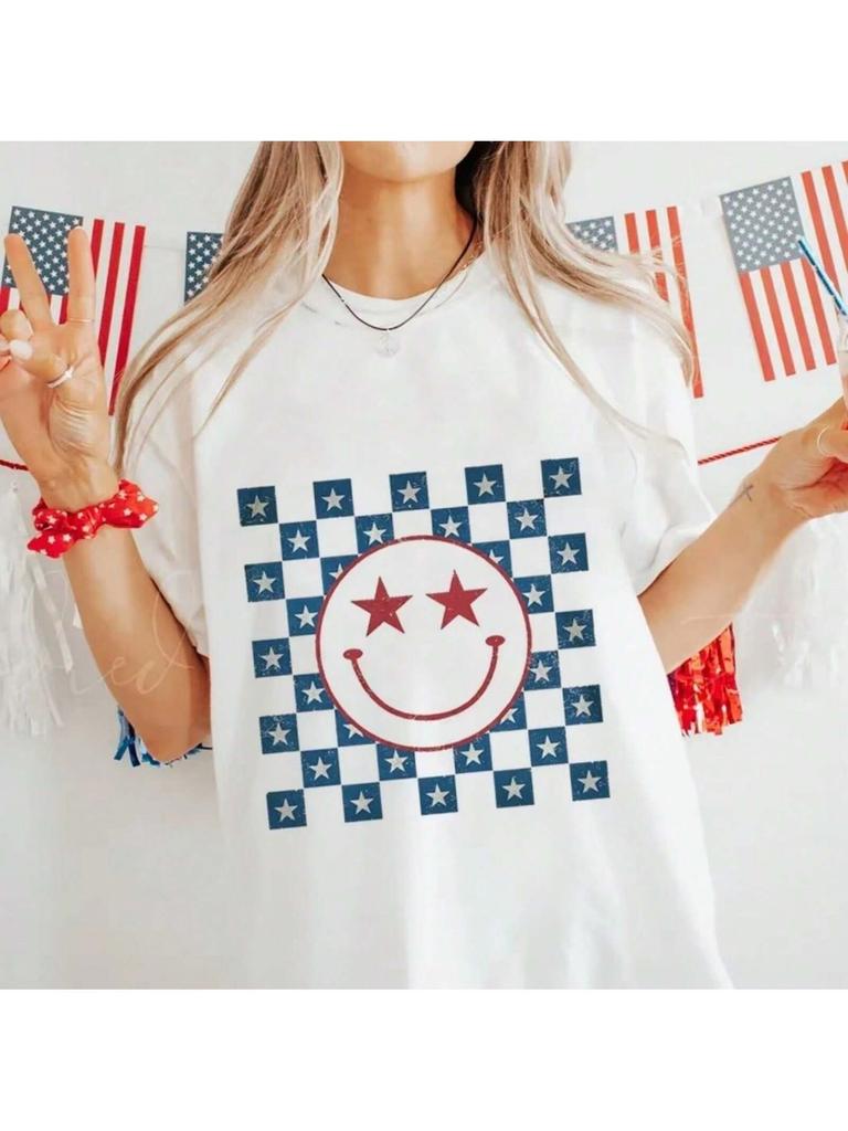 Women's 90s Style Cute And Sweet Summer Clothing Happy 4th Of July Printed Smiling Face Pattern T-Shirt Short Sleeved Casual T-S