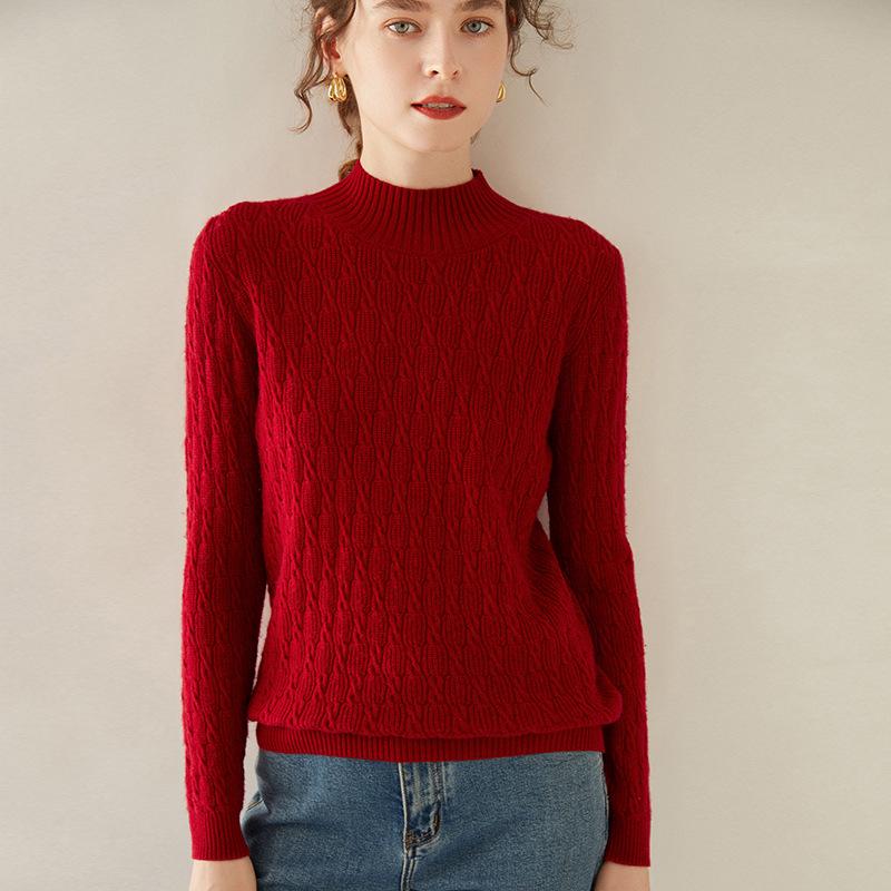 Women's Cashmere Cable Knit Sweater - Half-High Collar, Loose Fit, Autumn/Winter.