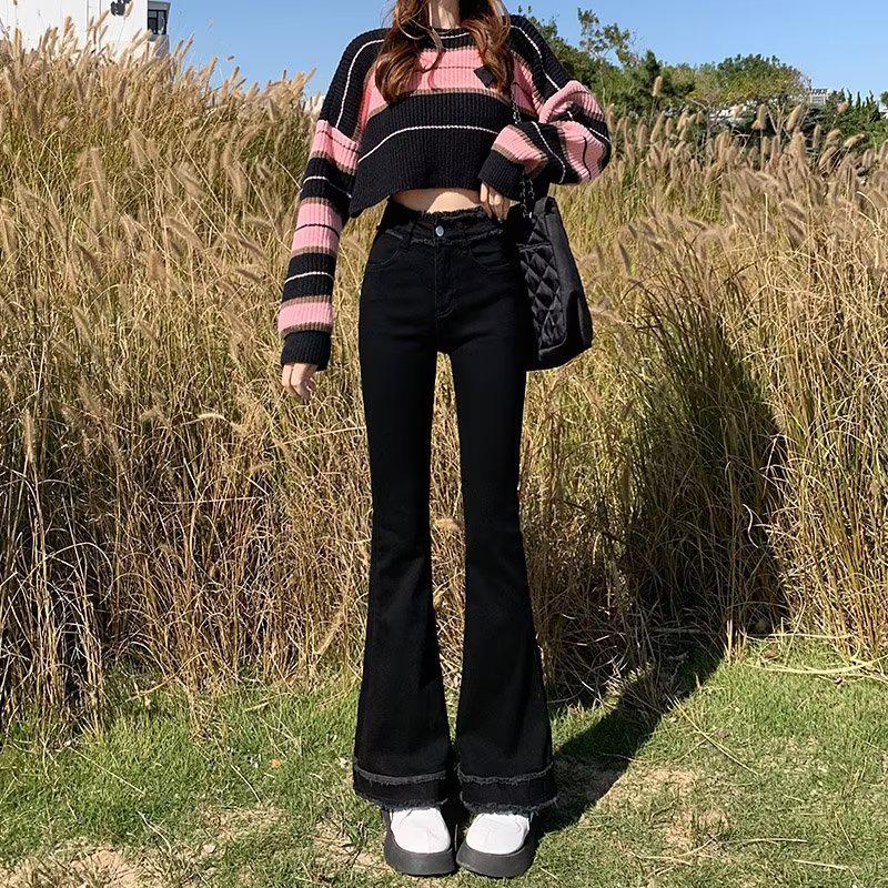 Women's High-Waisted Slimming Black Micro Flare Jeans with Raw Edge - Autumn 2024 Collection