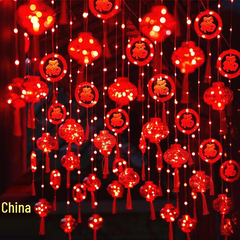 Spring Festival LED Red Lantern Ornaments: Solar Fu Character Colored String Lights for New Year Balcony Decor. 3m, 10 Lanterns, Transformer-Powered