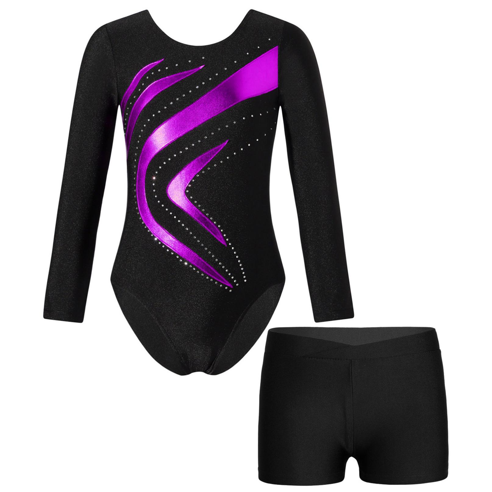 Inlzdz Kinderen Meisjes Lange Mouw Gymnastiek Dans Ballet Turnpakje met Shorts Atletische Workout Yoga Sportkleding Danskleding 9-10 Years paars