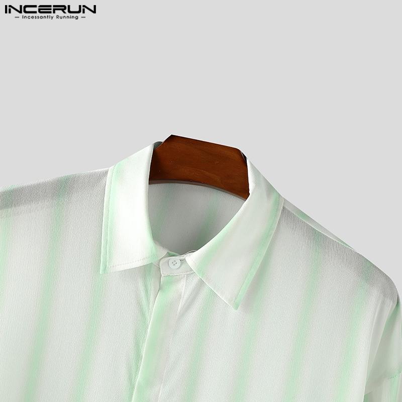 INCERUN Men Lapel Neck Long Sleeve Striped Side Lace-up Casual Oversized Shirts