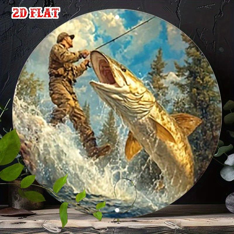 Металлическая табличка D Flat Fishing Рыбак ловит большую щуку Наружное приключение Настенное искусство Винтажная лесная сцена Рустик оловянная табличка f 20x20cm(8x8inch)