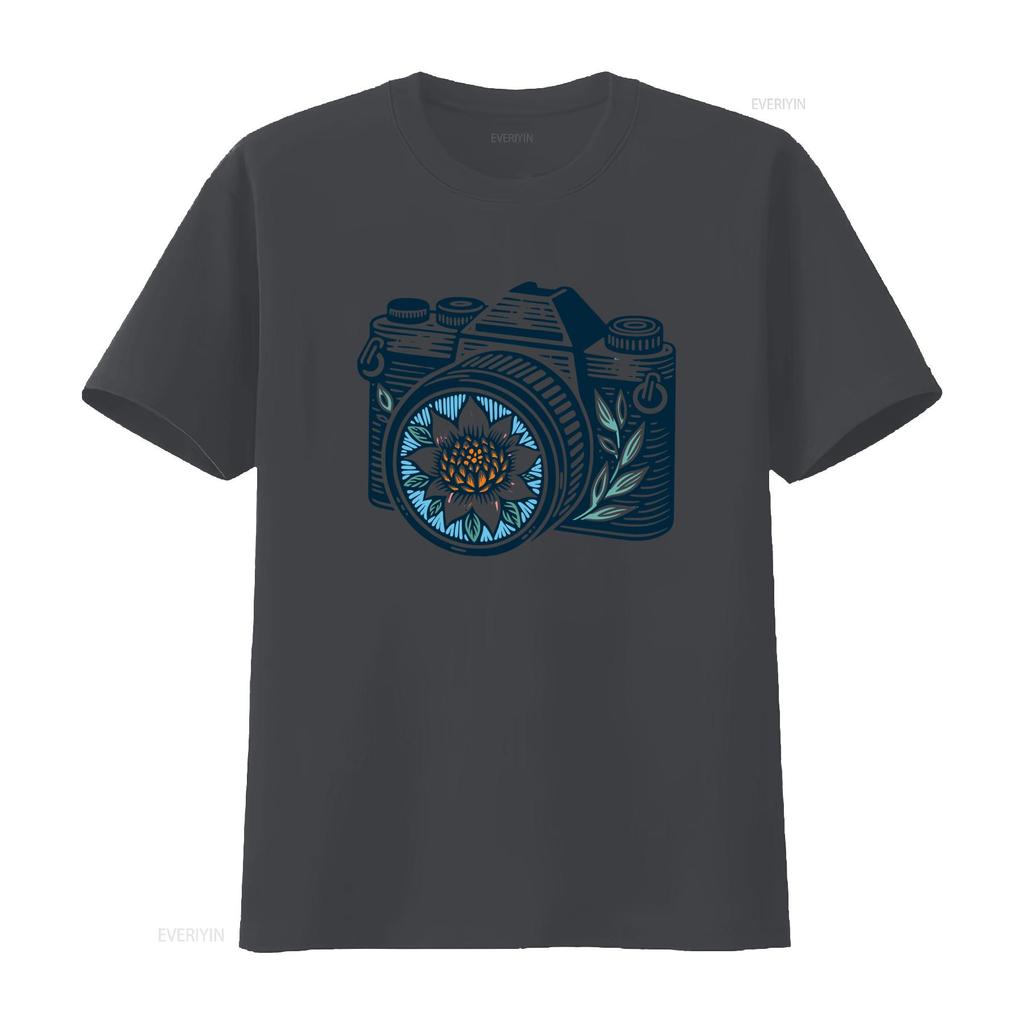 Vintage Boho Floral Camera Print Casual Photography Lover T Shirt vintage Washed fashion streetwear Slightly Breathable