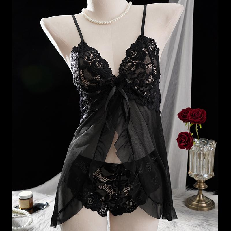 Transparent Red Sexy Lingerie Women's Underwear See Through Sleepwear Lace Nightdress and Panty Pijamas Sets Female Sexy Nighty