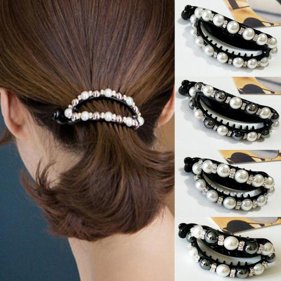 Women Hollow Geometric Oval Rhinestone Faux Pearl Hairpin Ponytail Hair Clip