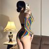 Vibrant Rainbow Lace-Up Fishnet Bodysuit: Off-the-Shoulder, Sexy, See-Through Lingerie