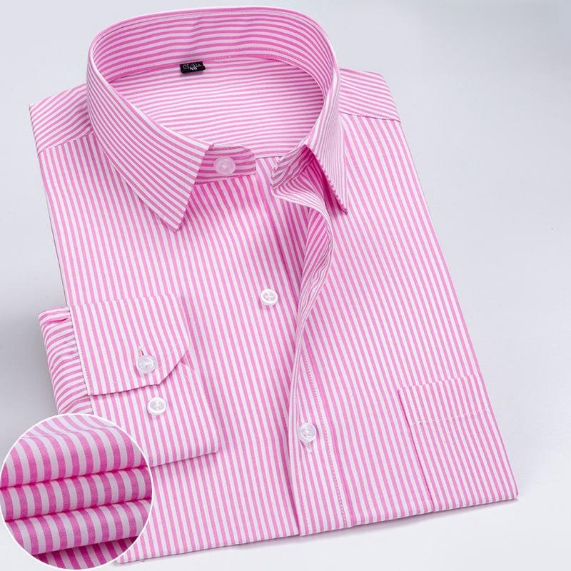 New Men Formal Shirt Long Sleeve Office Solid Color Striped Anti-Wrinkle Fashion Business Pocket White Social Pocket Shirt S-7XL