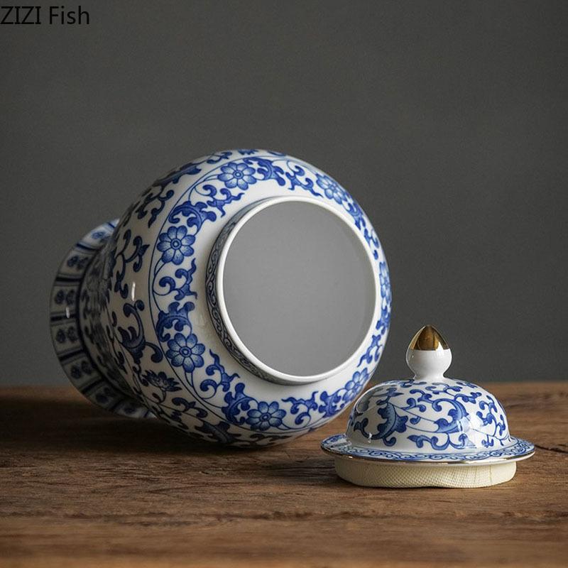 Blue and White Porcelain Storage Jar Ginger Jar Tea Canister Gold Plated Ceramic Jewelry Tank Desk Decoration Cosmetic Container