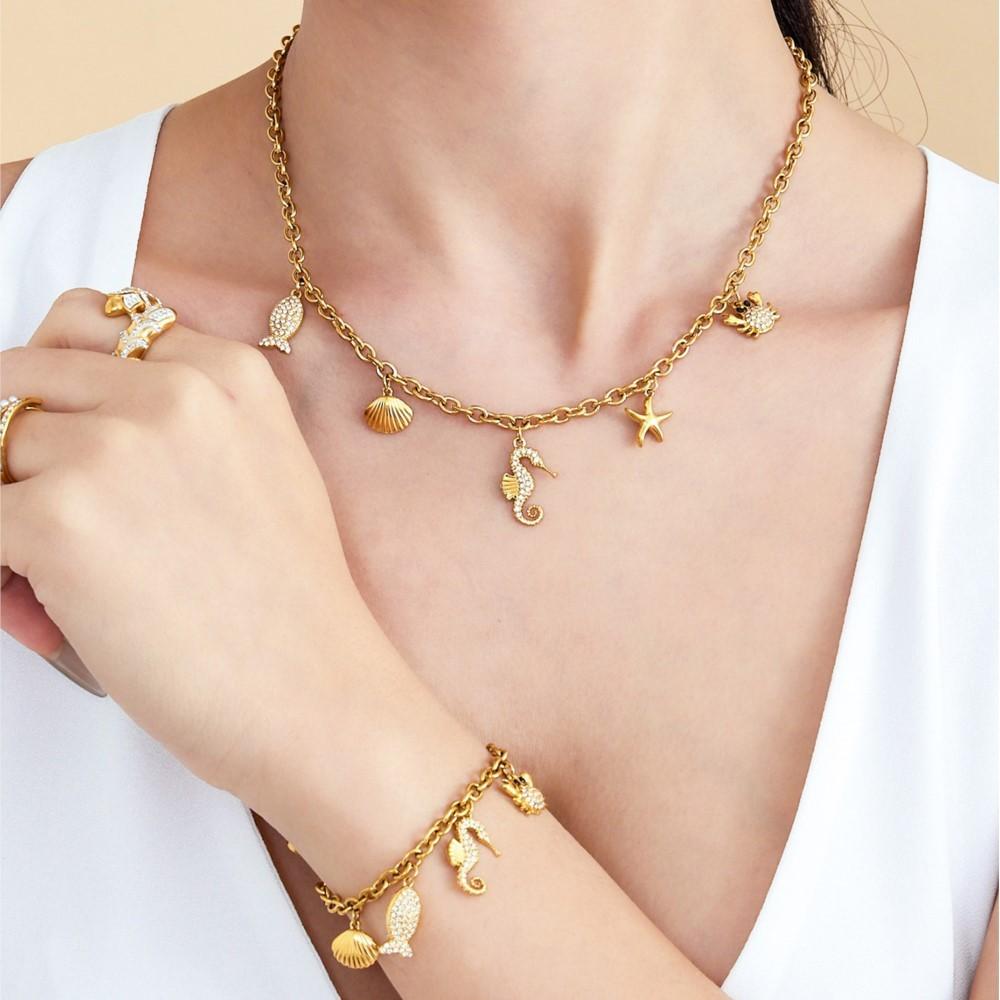Ocean Theme Charm Necklaces Matching Bracelets In Stainless Steel 18k Gold Plated Chain Necklace Bracelet Jewelry Set For Women