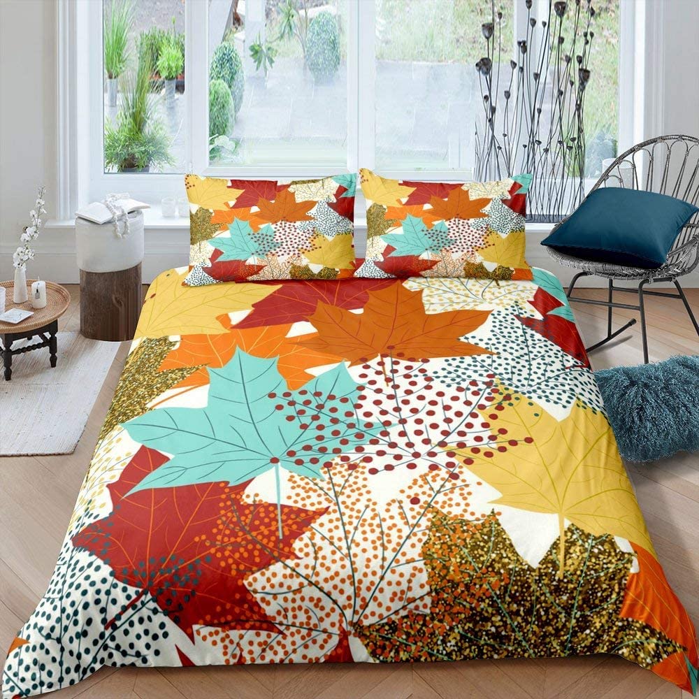 Maple Leaves Duvet Cover Set Colorful Autumn Nature Print King Size 2 3pcs Bedding Set Unusual Designs