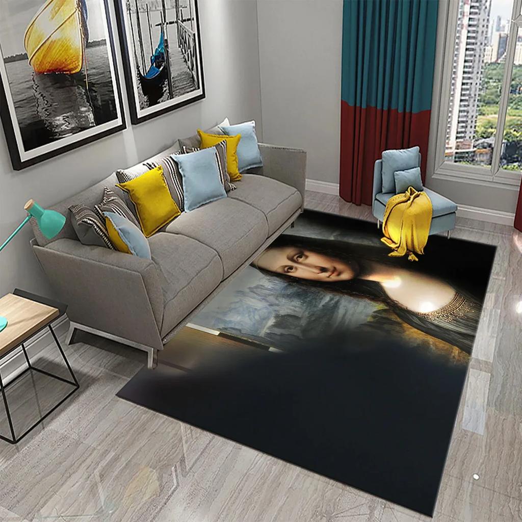 Funny Mona Lisa Oil Painting Carpet Home Decor Painting Mat for Living Room Bedroom Kitchen Bathroom Non-slip Floor Area Mats