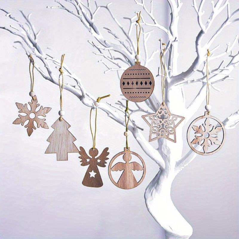 Festive Wooden Christmas Ornaments with Snowflake Star and Heart Designs for Home Tree Decor Holiday Party Supplies DIY Crafts