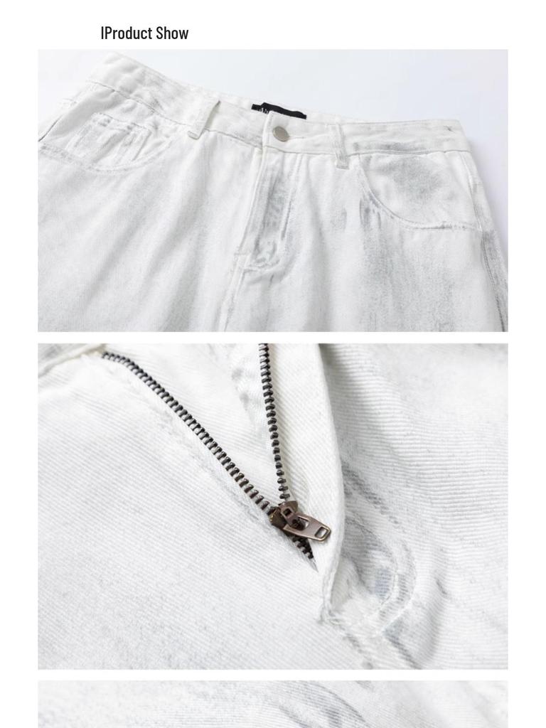 2025 Unisex Distressed Washed Wide-Leg White Gray Jeans - Casual Loose Fit