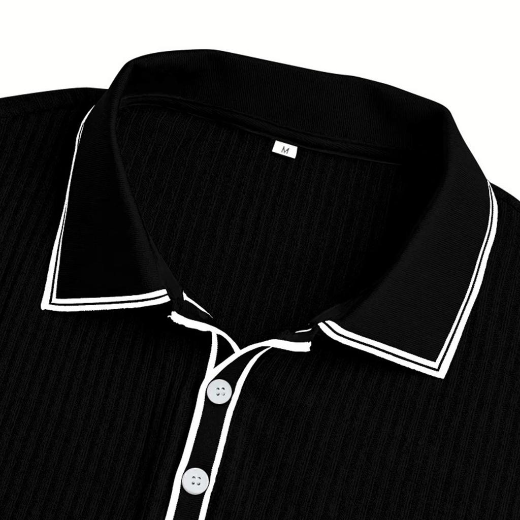 Men Short Sleeve Polo Shirt Trim Ribbed Knit Button Down Collared Casual Top for Summer Daily Wear Office