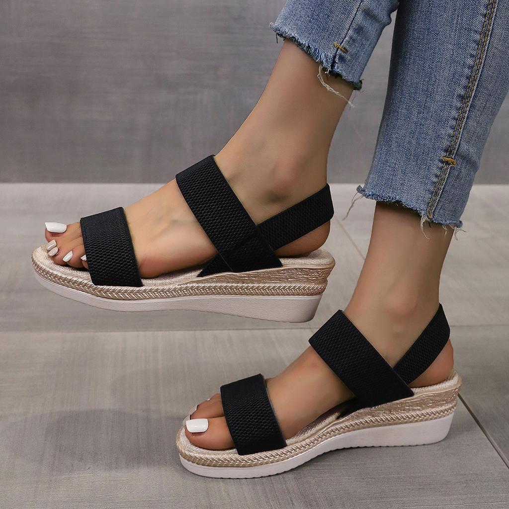 Fashion Women's Sandals Elastic Strap Thick Heel Slip-On Summer Casual Large Size Shoes PU Leather Inner Material TPR Outer Material