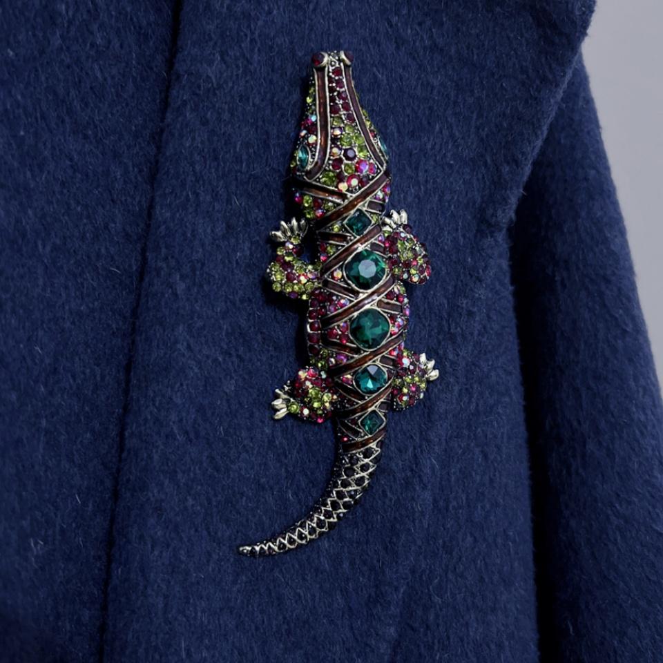 Vintage Multicolor Crocodile Animal Men Pendant Brooch Rhinestone Crystal Animal Badges Pins