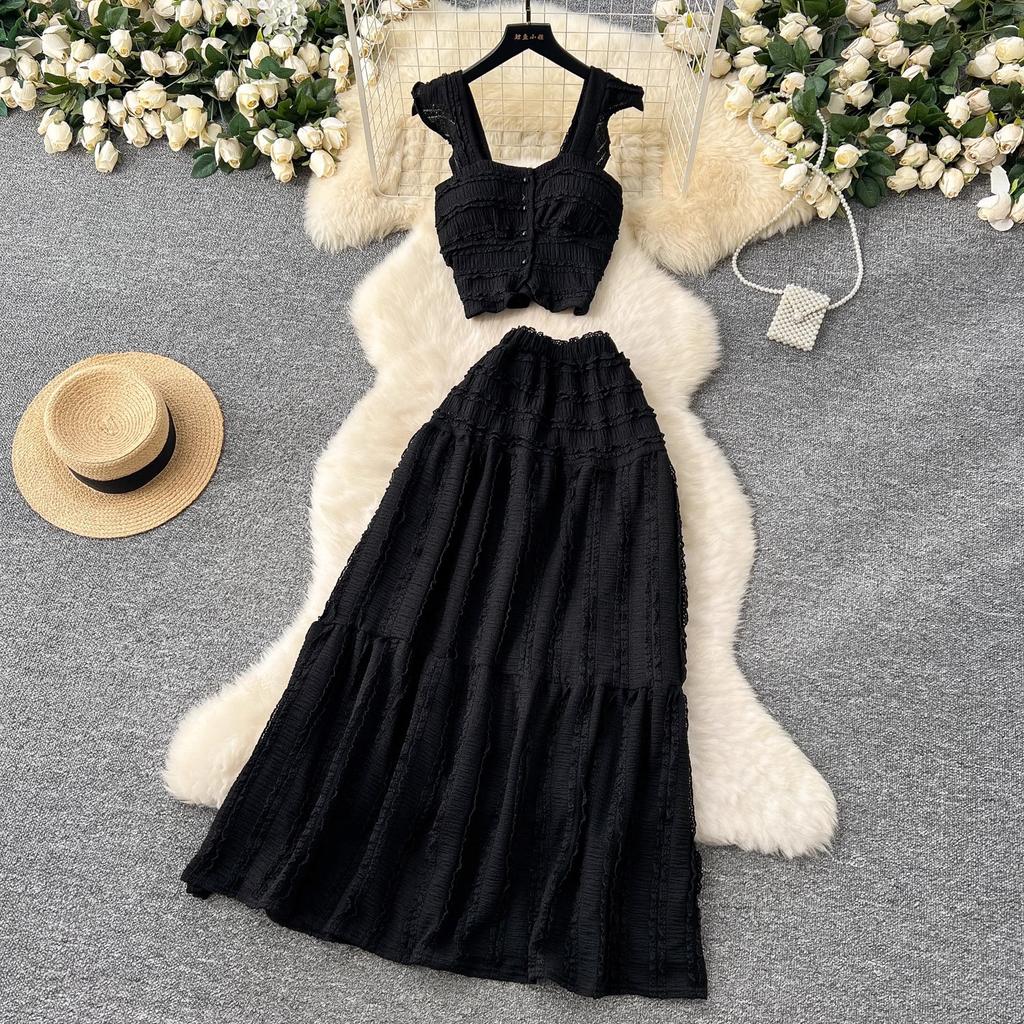 Summer Lace Patchwork Beach Two Pieces Sets Women Sexy Camisole+A Line Long Skirt Fashion Elastic Bohemian Suits