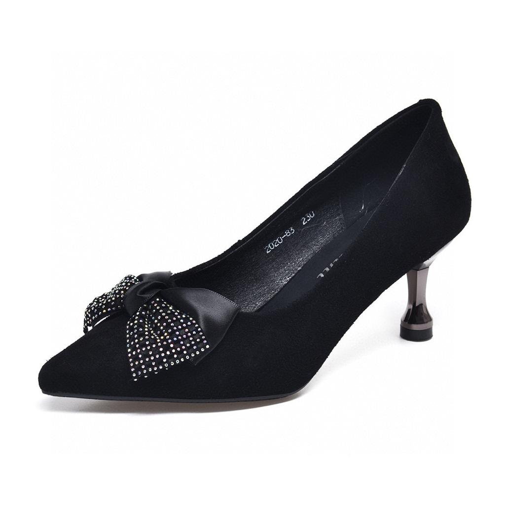 High Heels Women's 2025 Spring New Black Pointed Thin High Heels Women's Shoes Shallow Sheepskin Bow Rhinestone Single Shoes